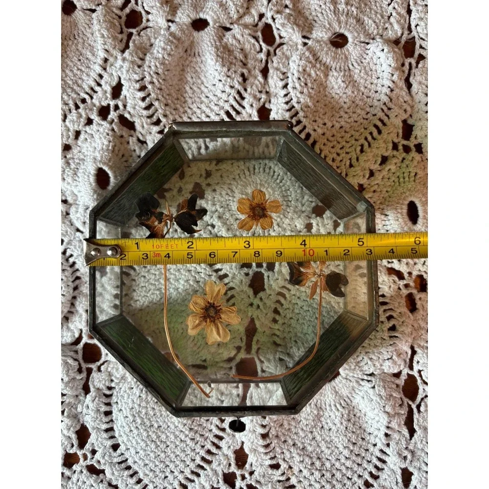 Vintage Stained Glass Hexagon Trinket Box Pressed Flower Jewelry Case